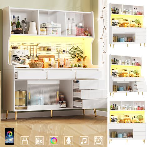 Armoire Haute Moderne 145×39×171cm Blanche à Portes Coulissantes Verre Strié, Éclairage LED RGB Pilotable par Application et Télécommande, Panneau à Perforations Métallique (1/5)