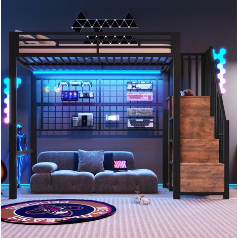 Lit mezzanine 90x200 cm avec échelle de rangement et penderie, LED, en métal noir, sans matelas (1/5)