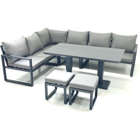 Fimous Aluminum Outdoor Garden Furniture Set Corner Sofa 2 Small Footstool Adjustable Rising Lifting Dining Table Sets Dark Grey (1/4)
