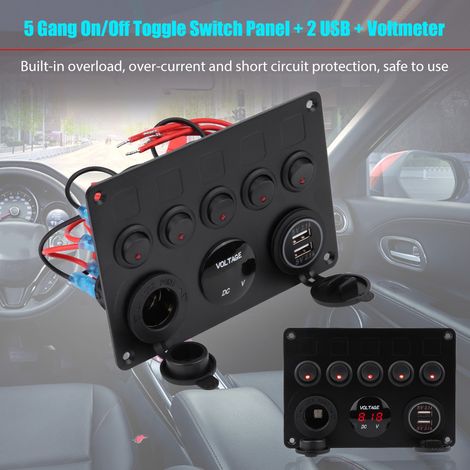 Panneau 5 interrupteurs à bascule 12-24V avec double port USB et voltmètre LED rouge pour bateau, camion, voiture, marine - Commande marche/arrêt (1/5)