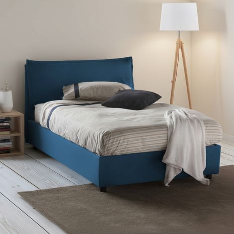 Dmora - Cama de plaza y media Deusebi, Cama contenedor con revestimiento de tela, 100% Made in Italy, Apertura frontal, adecuado para colchón Cm 120x190, Azul (1/5)