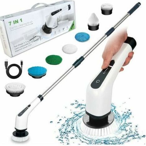 Spazzola elettrica per la pulizia senza fili, spazzola per la pulizia senza fili con 7 testine sostituibili, mocio elettrico con manico regolabile per bagno, cucina, auto (bianco,