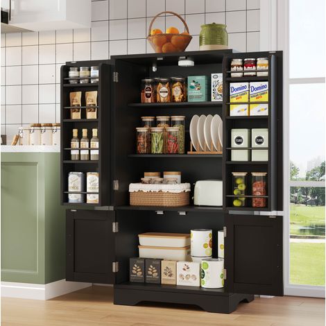 MODFU – Mueble de almacenamiento de cocina 120x60x40 cm de MDF negro con LED con sensor y estantes ajustables – Negro (1/5)