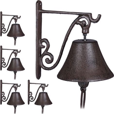 5x Campana per Porta in Ghisa Antica, Stile Rustico, a Parete da Ingresso, Deco da Giardino, Resistente, Marrone