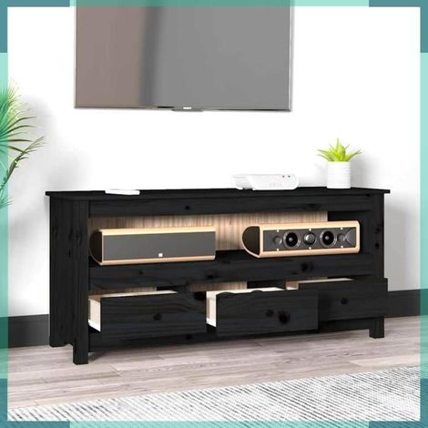 821506 Meuble TV Noir 114x35x52 cm Bois de pin massif (1/5)