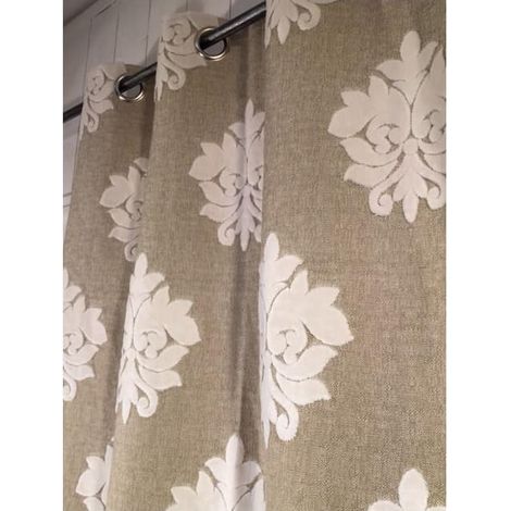 Rideau aspect lin motif médaillon velours - esprit Baroque - 140x260cm - Blanc (1/2)