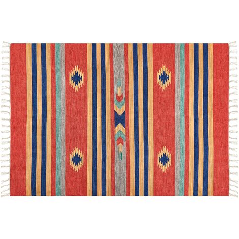 Alfombra kilim de algodón azul rojo naranja 140 x 200 cm a mano geométrico borlas Hatis (1/5)