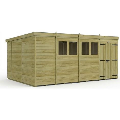 15ft x 10ft Pent Garden Shed Double Door With Windows - Pressure Treated Timber - L457 x W305 x H210 cm - Natural