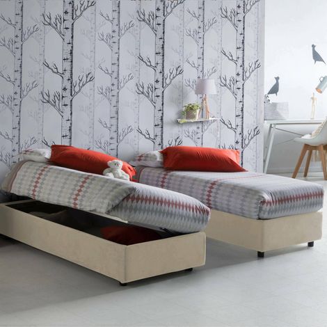 Talamo Italia Cama individual Diana, Cama contenedor con revestimiento de tela, 100% Made in Italy, Apertura lateral, con colchón 80x190 cm incluido, Beige, con embalaje reforzado (1/4)
