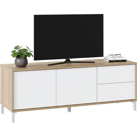 Mobile porta TV Cary, Credenza per televisione a 2 ante, Supporto TV da soggiorno, Mobile porta TV, Madia per salotto, 130x41h47 cm, Rovere e Bianco