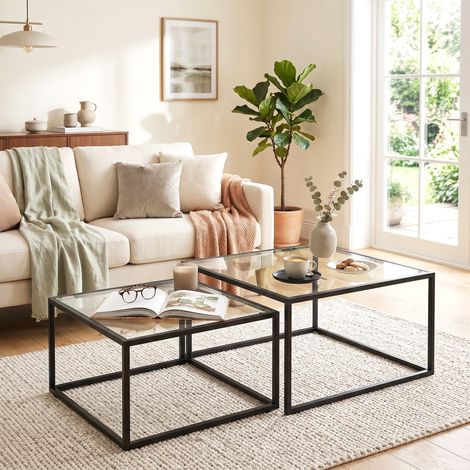Set de 2 tables basses gigognes avec plateau en verre trempé et cadre en métal, pour salon, noir (1/5)