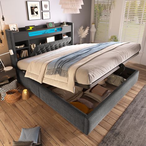 Lit double capitonné tissu lin gris 140x190 cm, coffre hydraulique, éclairage LED, charge USB Type-C, tête de lit avec rangement, sans matelas (1/5)