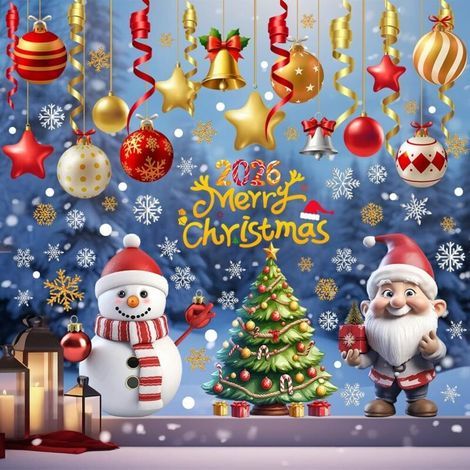 Stickers Noel Fenetre, 3D Bonhomme Autocollants Noel Fenetre, 9 Feuilles de Neige Mignon et Père Noël Renne pour DIY Decoration Fenêtre Vitrines Intérieur Maison (1/5)