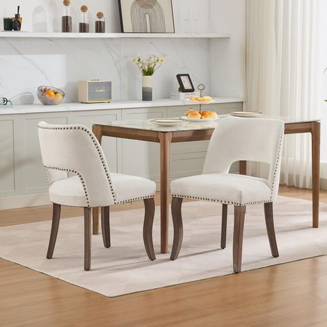 Silla de comedor de chenilla beige, respaldo envolvente calado, patas de madera maciza,58×51×82.5cm (1/5)