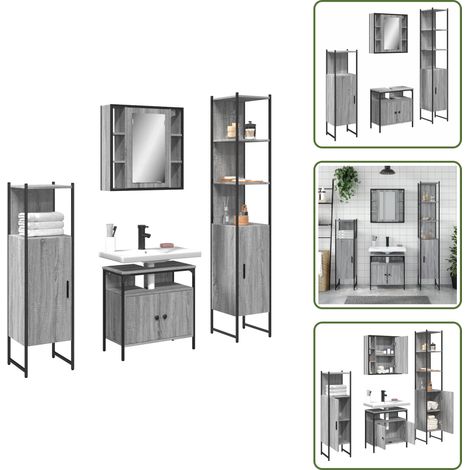The Living Store Set de armario de baño 4 pzas madera contrachapada gris sonoma - Armario de espejo