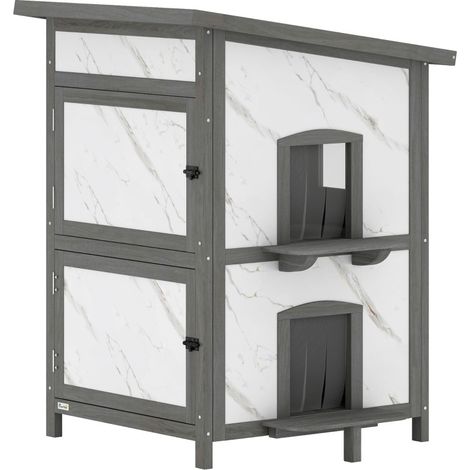 Caseta exterior para gatos de madera de 60 x 60 x 88 cm blanca y gris (1/5)