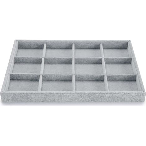 Plateau à bijoux empilable - 12 compartiments - Velours gris - Organiseur tiroir - Pour collier bracelet - 35x24x3,3cm (1/5)