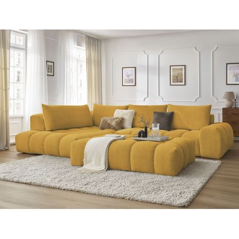 BOBOCHIC - Canapé d'angle fixe EVEREST tissu chiné avec pouf Angle gauche Jaune (1/5)