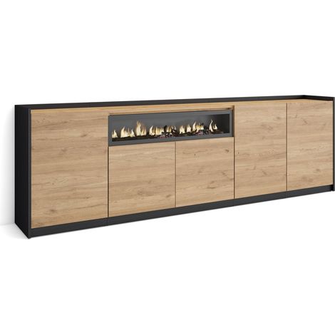 Skraut Home - Aparadores para salón, 260x37x80cm, 5 Puertas, Chimenea eléctrica, Roble y negro (1/5)