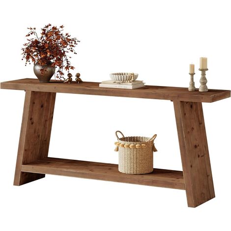 Tribesigns Console Bois Massif 160 cm, 2 Niveaux, Table d'Appoint Multifonction, Meuble de Ferme avec Rangement pour Entrée, Salon, Couloir, Chambre – Marron Naturel (1/5)