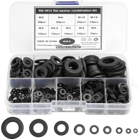 684 Pièces Rondelles Plates Noir, 9 Tailles de Rondelles M2 M2.5 M3 M4 M5 M6 M8 M10 M12, Acier au Carbone Plat Rondelles avec 1 Boîte Plastique, pour Fixations Mécaniques Industrielles (1/5)