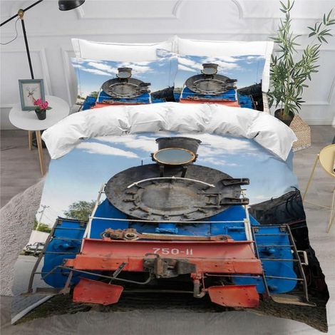 Bettwäsche-Set 135x200 cm mit 2 Kissenbezügen 80x80 cm, 3D Dampflokomotive Druck, Mikrofaser
