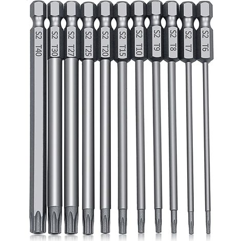 Juego de 11 puntas de destornillador Torx de 100 mm (10 piezas) - Puntas de seguridad magnéticas en forma de estrella T6-T40 con vástago hexagonal de 6,35 mm, acero S2, para destornilladores de impact (1/5)
