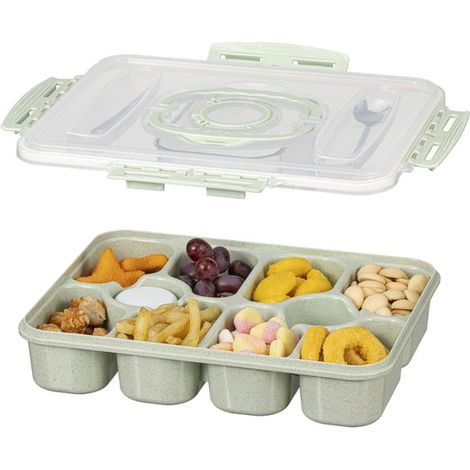 Fiambrera con 10 compartimentos, bandeja dividida con tapa y asa, incluye 1 cuchara y 1 tenedor, picnics, acampadas y la hora del té (1/5)