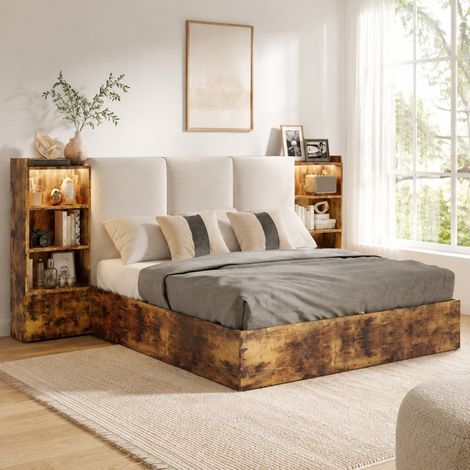 Lit coffre 180x200 cm en bois brun, avec rangement pour chambre, LED FloraGrace (1/5)