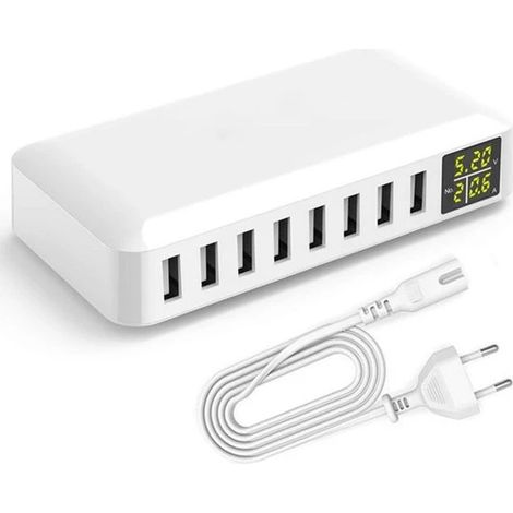 Chargeur USB - Chargeur USB intelligent 8 ports - Hub USB multiport 50 W 8 A - avec écran LCD - Charge rapide - Chargeur mural - Câble d'alimentation de 1,20 mètre inclus (1/5)