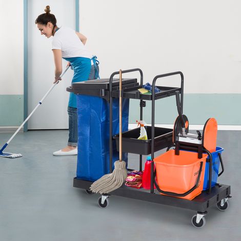 Carro de limpieza, carro para fregona, carro modular con 4 ruedas giratorias de suave deslizamiento, negro+azul+naranja, 111 × 63,3 × 103 cm