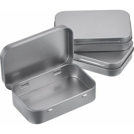 Juego de 3 cajas de almacenamiento rectangulares vacías con bisagras, de metal plateado. Mini caja de almacenamiento portátil. Caja de almacenamiento pequeña. (1/5)