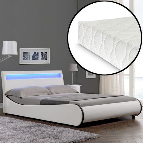 Letto Matrimoniale con Materasso 180x200 cm Testiera Alta con Illuminazione a LED Similpelle Bianco Corium (1/5)