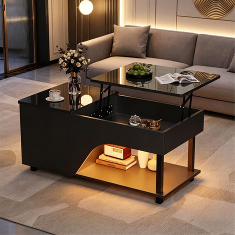 Table basse relevable 50x100x46 cm noire en panneau de particules avec rangement caché et LED (1/5)