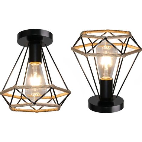 2PCS Plafonnier en Métal et Corde de Chanvre Cage Diamant E27 Rétro Industrielle Lustre Suspension pour Couloir Escalier Chambre Noir (1/5)