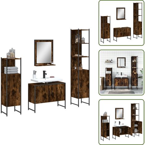 Estante de baño - vidaXL Set de muebles de baño 4 piezas madera contrachapada roble humo - Espejo de baño