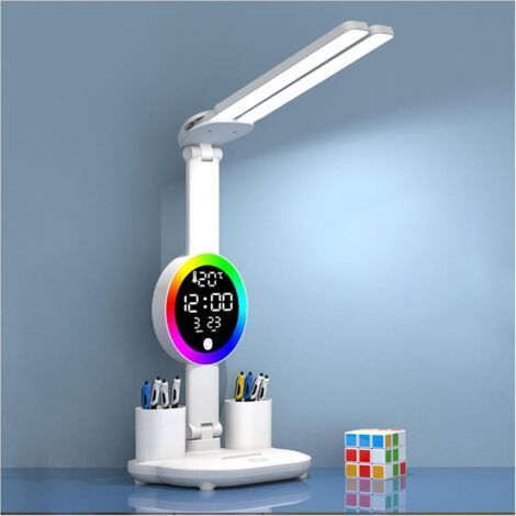 Lampada da scrivania wireless per bambini con orologio - LED dimmerabile - 3200 mAh - Portapenne - Schermo LCD - Calendario - Temperatura - 3 colori di luce - Lampada da scrivania per ragazze e [C (1/4)