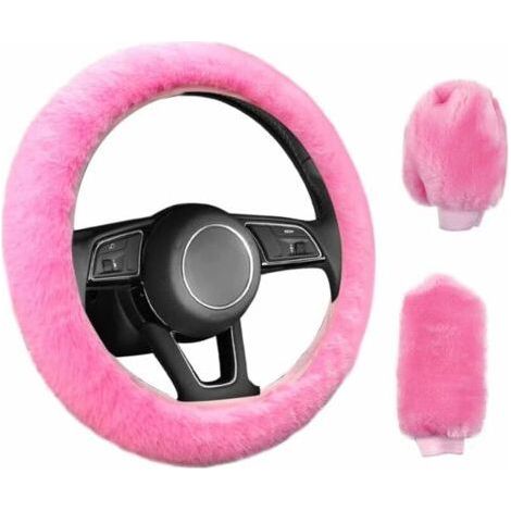 FENOPLASTICA3 Pièces Couverture de Volant de Voiture Anti-Dérapant Élastique Housse de Volant Universelle de Voiture en Peluche Rose avec Housse Frein à Main et Boîte Vitesses (38cm) (1/5)