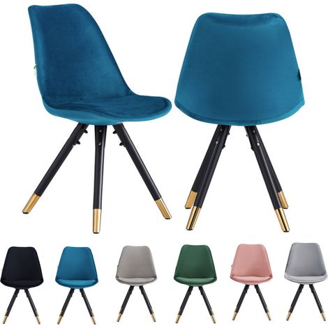 Set of 2 Blue Sofia Ergonomic Modern Dining Chairs Upholstered in Velvet, Metal Legs with Gold End Tips (1/5)