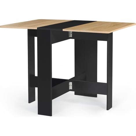 Idmarket – Table console pliable 2-4 personnes – Bois noir – Plateau façon hêtre – Dimensions 103 x 76 cm – Idéale pour petits espaces