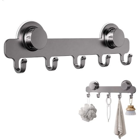 Crochet Ventouse, Crochet Acier Inoxydable, Crochet Sans Perçage, Barre 5 Crochets 30cm, Sans Perçage, 10kg, pour Cuisine, Salle de Bain, Entrée, Location, Gris Métallisé (1/5)