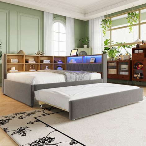 Lit banquette moderne 140x200 cm avec lit gigogne 90x190 cm, flanelle gris foncé, LED, USB/Type-C et rangements (1/5)