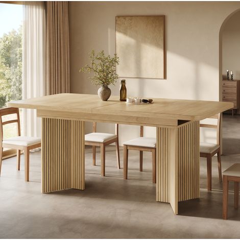Table à manger extensible 120–160 cm, plateau rectangulaire en MDF, pieds en V à rainures verticales, supporte jusqu'à 60 kg, pour salle à manger – CHICFURN (1/5)