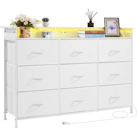 VEVOR Cassettiera con 9 Cassetti, Cassettiera Alta con Contenitore in Tessuto, Cassetti Portaoggetti per Armadio Robusta Struttura in Metallo, Luci a LED e Presa Integrata, per Camera da Letto, Bianco (1/5)
