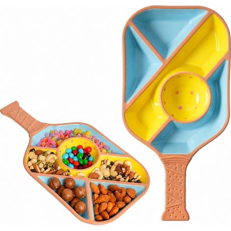 Plateau de service pour apéritifs de pickleball, assiette en céramique en forme de batte avec 5 compartiments et bol à sauce, bleu, cadeau pour les fans (1/5)