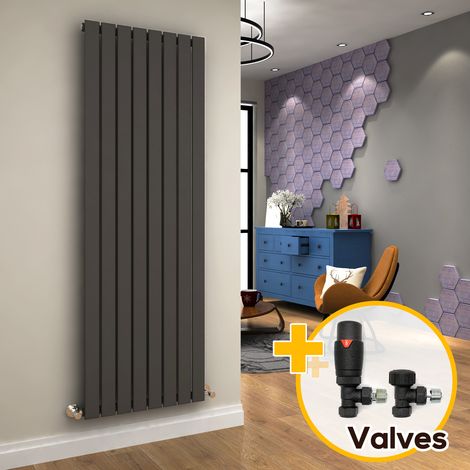 ELEGANT 1800 x 608 mm Vertical Designer Radiator Anthracite Flat Panel Column Tall Upright Central Heating Radiators + Anthracite Thermostatic Radiator Valves (1/5)