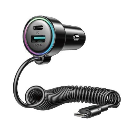 Joyroom Car Charger 3-in-1, C+U with Type-C Coiled Cable 1.6m, 72W, Black (JR-CL07) Black