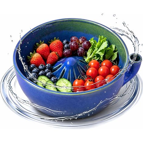 Red Berry Fruit Bowl – 360 Degree Ceramic Rotary Cleaner – Gentle Strawberry Blueberry Grape Washer – Fruit Vegetable Colander with Drain Holes – Sky Blue