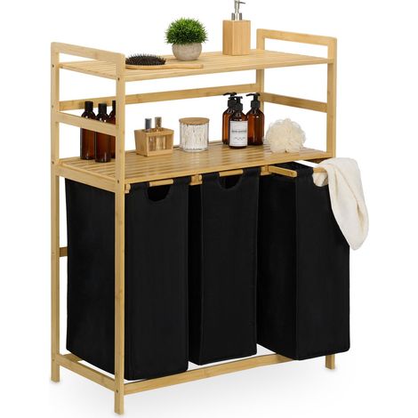 Relaxdays Scaffale Portabiancheria, 3 Cesti Estraibili Biancheria, 2 Ripiani, 105x80x40 cm, Mobile Bambù, Naturale Nero