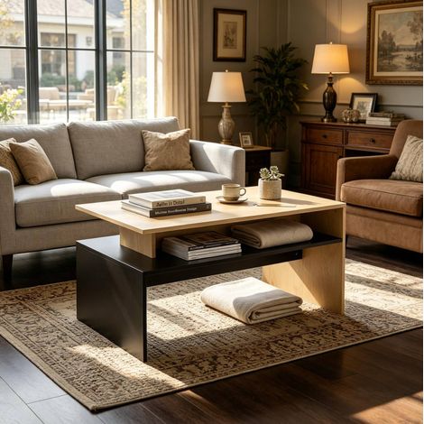 Table basse avec rangement ouvert, 95 x 55 x 50 cm, MDF noir et bois naturel, OKMYHOME (1/5)